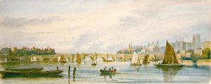 Näkymä Westminster Bridgestä länteen kohti Lambeth Palacea ja Westminster Abbeyta (kynä ja akvarelli paperilla) tekijältä David Cox