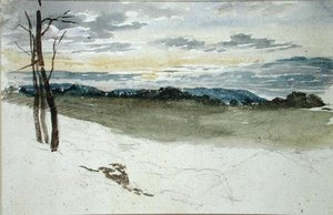 Metsämaisema auringonlaskussa (lyijykynä ja akvarelli paperille) tekijältä David Cox