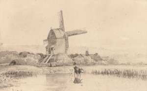 Nautakarjaa juottelemassa tuulimyllyssä Dulwich Commonilla, 1811 tekijältä David Cox