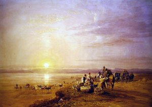 Crossing the Sands (akvarelli lyijykynän jälkien päällä raapimalla paperille) tekijältä David Cox