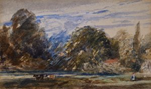 Maisema lehmien ja hahmon kanssa tekijältä David Cox