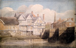 Vanhat talot ja Wye Bridge, Hereford, 1820 tekijältä David Cox