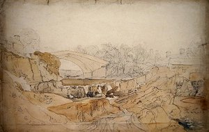 The Bridge at Rhayader (kynä ja akvarelli paperille) tekijältä David Cox