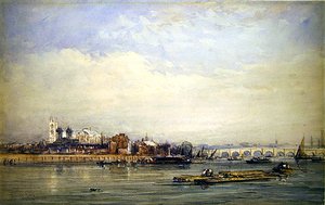 Westminster ja Thames Battersea Shoresta (akvarelli paperille) tekijältä David Cox