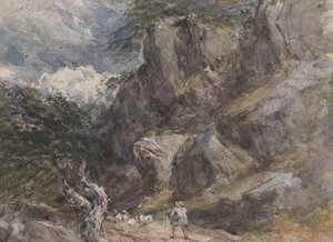 Lampaiden ajaminen kivisessä maisemassa, n. 1846. tekijältä David Cox the elder