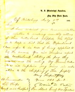 Kirje David D.Porterilta, USA: n Black Hawkilta Vicksburgin edustalta, Seth Ledyard Phelpsille, komentaja Yhdysvaltain Eastportille, 9. heinäkuuta 1863 tekijältä David D. Porter