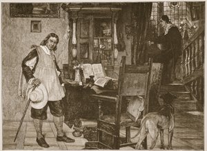 Oliver Cromwell vierailee John Miltonin luona, kuvitus teoksesta "The Church of England: A History for the People", kirjoittanut H.D.M. Spence-Jones, pubi. n. 1910 (seepiavalokuva) tekijältä David Dalhoff Neal