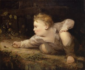Poika pelaa marmoria, n. 1858.