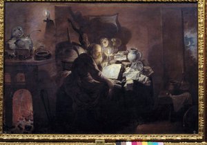 Alkemisti studiossaan. David Ryckaert III:n (Rijckaert) maalaus (1612 - 1661) Ec. Flam.