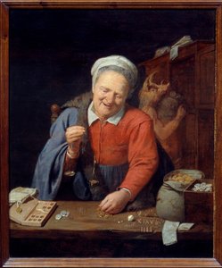 Kultainen vaaka. Vanha nainen, jolla on pieni vaaka, punnitsee kultakappaleita, kun taas alareunassa mies villisianpäällä varastoi kasseja kaapissa. David III Ryckaertin (1612-1661) maalaus Ec. Flam.