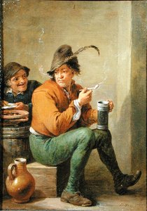 Talonpoika pitelee kivitavarakannua ja savipiippua (öljy paneelissa) tekijältä David III Teniers