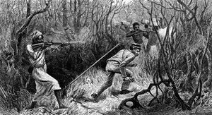 Manyeman väijytys, Keski-Afrikka, kaiverrus David Livingstonen Last Journalsista, kirjoittanut David Livingstone (1813-1873), Lontoo tekijältä David Livingstone