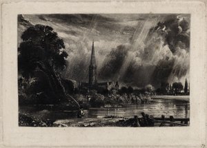 Salisburyn katedraali, n. 1832 (mezzotint valkoisella liidulla paperille) tekijältä David Lucas
