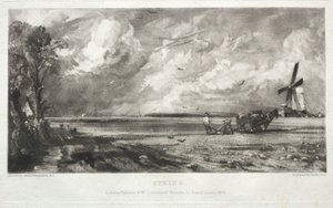 Erilaisia maisema-aiheita, tyypillisiä englantilaisille maisemille John Constablen, R.A.:n maalaamista kuvista: Kevät. Mylly yhteisellä paikalla. Raekuuroja. East Bergholt, Suffolk