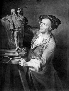 Louis Francois Roubiliac tekemässä Shakespeare-veistosta, n. 1765, 1920-luku.