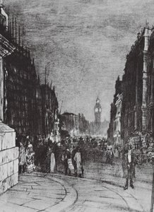 Lontoo: Whitehall Lights (litografia). tekijältä David Muirhead (after) Bone