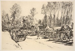 Varastojen täyttöpiste, kuvitus teoksesta "The Western Front", julkaisija Country Life Ltd. tekijältä David Muirhead Bone