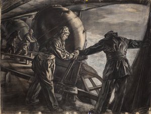 Tutkimus talviaikaista miinanlaskua varten Islannin edustalla, noin 1942 (hiili ja väriliitu paperille). tekijältä David Muirhead Bone