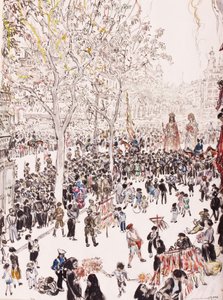 Kaupungin lippu ja jättiläiset, Corpus Christi -kulkue, Ramblas, Barcelona, 8. kesäkuuta. tekijältä David Muirhead Bone