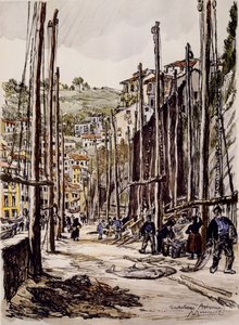 Tonnikalanpyytäjät, Cudillero, Asturian rannikolla tekijältä David Muirhead Bone