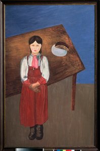 Aniska. (Muotokuva melankolisesta pikkutytöstä pöydän edessä). David Petrovich Sterenbergin (1881-1948) maalaus öljy kankaalle