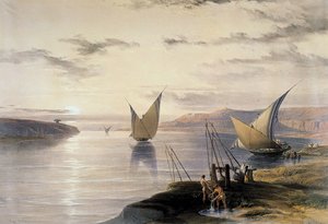 David Roberts (1796-1864) brittiläinen (skotlantilainen) taiteilija. "Veneet Niilillä" Akvarelli. Oikealla alhaalla vettä nostetaan shadufin avulla. Victoria- ja Albert-museo, Lontoo tekijältä David Roberts