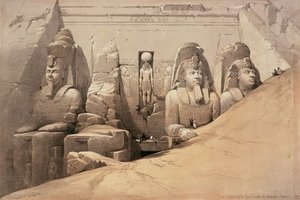 Nubiassa sijaitsevan Aboo Simbelin suuren temppelin etupuoliskon korotus, teoksesta "Egypti ja Nubia", Louis Haghen litografia, 1849.