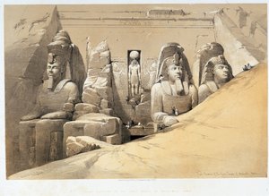Aboo Simbelin (Abu Simbel, Abu tai Abu Simbel), Nubian (Nubia) suuren temppelin etukorkeus "Pyhässä maassa", Lontoo 1849 tekijältä David Roberts