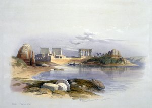 Philaen saari, Nubia" marraskuu 1838. Skotlantilaisen taiteilijan ja orientalistin David Robertsin (1796-1864) akvarellin mukaan. Temppeli Muinainen Egypti Arkeologia Uskonto Mytologia Mytologia Raunio