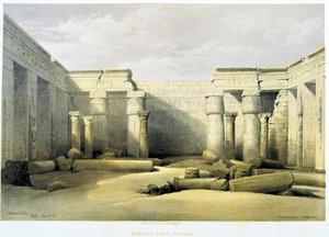 Medinet Abu (Medinet-Habou), Thebes (Thebes) - elokuvassa "Pyhä maa", Lontoo 1849 tekijältä David Roberts