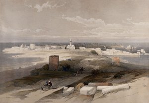 Tyrosin muinainen kaupunki, näkymä kannakselta. Louis Haghen värillinen litografia David Robertsin teoksen pohjalta, 1843. tekijältä David Roberts