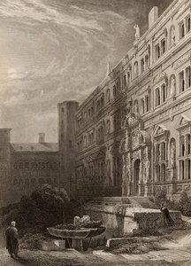Heidelbergin suuri hovi, H. Winklesin kaiverrus, kuvitus Reinin pyhiinvaeltajista, julkaistu 1840 tekijältä David Roberts