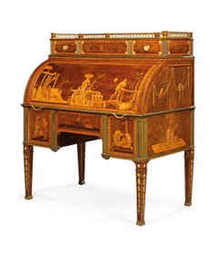 Mekaaninen sylinteritoimisto, Neuwied, n. 1776-1779 (ormolu-asennettu ja messinkiuurteinen amboyna, tulppaanipuu, petsattu sycamore & intarsia)