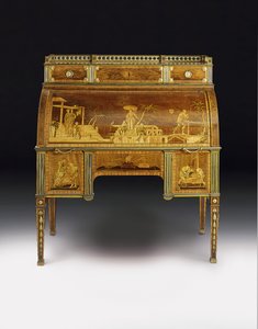 Mekaaninen sylinteritoimisto, Francois Redmondin, n. 1777–1780, ansiot (ormolu-asennettu, messinkikoristeinen amboyna, tulppaanipuu, petsattu sycamore & intarsia) (katso myös 486603)