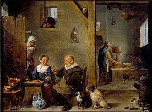 Tislaamo, jossa iäkäs mies ostaa giniä naiselta, c1640-1649