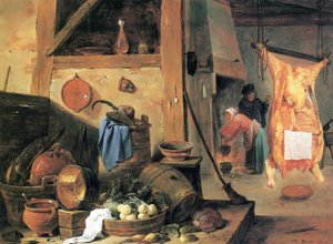 Keittiön sisustus, jossa on asetelma ja teurastettu härkä tekijältä David Teniers the Younger