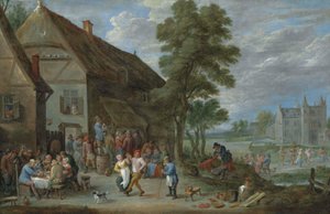 Talonpoikia tanssimassa Perckin majatalon ulkopuolella, jonka takana on Kasteel de Drij Toren. tekijältä David Teniers the Younger