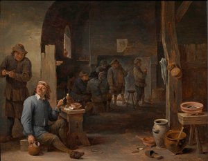 Majatalon sisätilat, jossa talonpojat tupakoivat pöydän ääressä ja keskustelevat tulen ääressä. tekijältä David Teniers the Younger