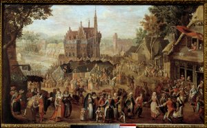 Kermesse Audenardessa (Belgia). Juhlat kylän kirkon edessä. David Vinckboonsin maalaus (tai Vinckeboons tai Vinkeboons 1576-1629)
