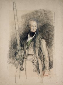 Mortonin jaarli valtion miekkaa kantaen, 1824 (mustapunaliitu, wc- ja bodycolor-väri harmaalle paperille).