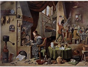 Alkemistilaboratorio 1600-luvulla - David Téniers nuoremman maalauksen mukaan