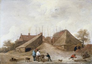 Maatilapiha, jossa on hahmoja pöydän ympärillä tekijältä David Teniers the Younger