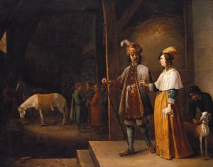 Nainen ja herrasmies astumassa talliin tekijältä David Teniers the Younger