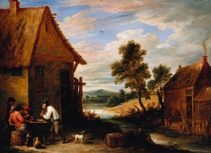Jokimaisema talonpoikien kanssa tavernan ulkopuolella tekijältä David Teniers the Younger