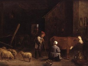 Paimenpoika juttelee lypsyneidon kanssa navetassa tekijältä David Teniers the Younger