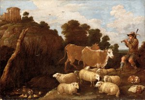 Jokimaisema, jossa paimen soittaa piippua klassisten raunioiden kanssa kukkulan laella tekijältä David Teniers the Younger