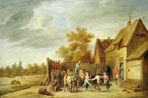 Talonpojat tanssivat majatalon ulkopuolella (öljy kankaalle) tekijältä David Teniers the Younger