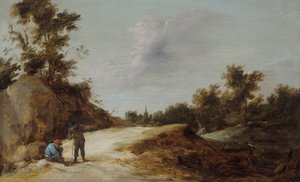 Talonpojat lepäävät polulla kallioisessa metsämaisemassa tekijältä David Teniers the Younger