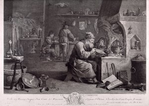 Alkemistin laboratorio (kaiverrus) tekijältä David Teniers the Younger