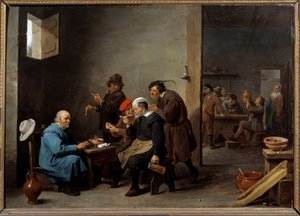 Mies, jolla on valkoinen hattu Ryhmä miehiä polttaa piippua majatalossa. David Teniers II Nuoren maalaus (1610-1690) tekijältä David Teniers the Younger
